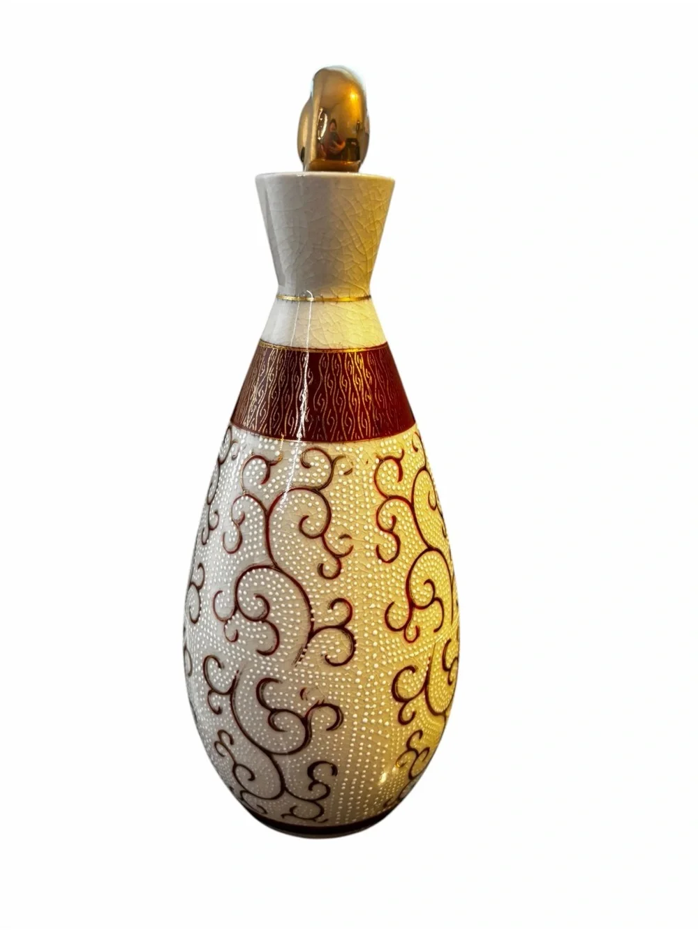 Vintage Japanese Porcelain Sake Bottle Decanter Gold Red Scroll Design 9”